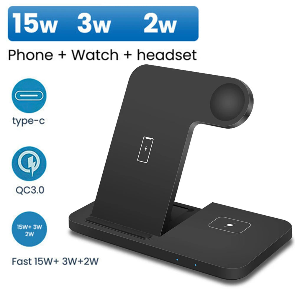 15W Wireless Charger Stand for iPhone 14 13 12 11 XS XR X 8 3 in 1 Fast Charging Dock Station For Apple Watch 7 6 SE AirPods Pro