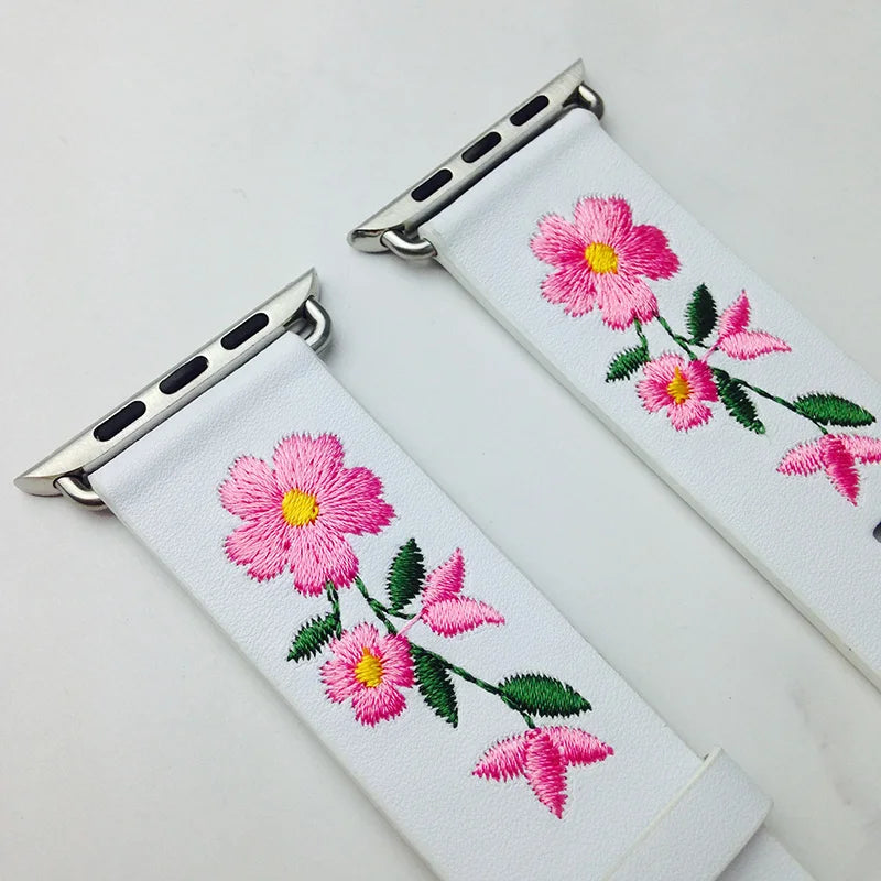 Genuine Leather Watchband For Apple Watch 38mm 42mm Red Flower Embroidery Women Men Replace Bracelet Strap Band for iwatch 1 2 3