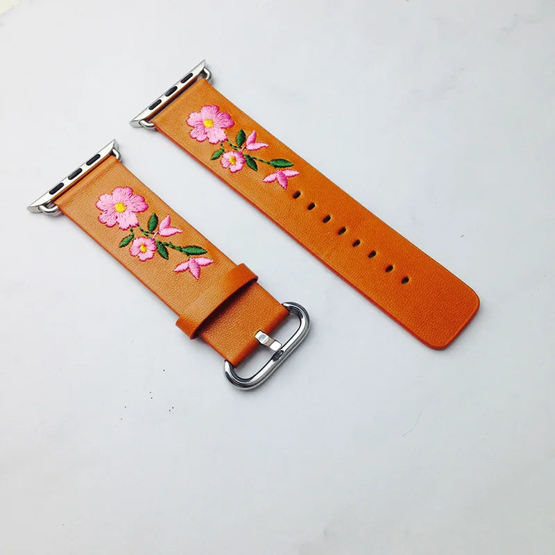 Genuine Leather Watchband For Apple Watch 38mm 42mm Red Flower Embroidery Women Men Replace Bracelet Strap Band for iwatch 1 2 3