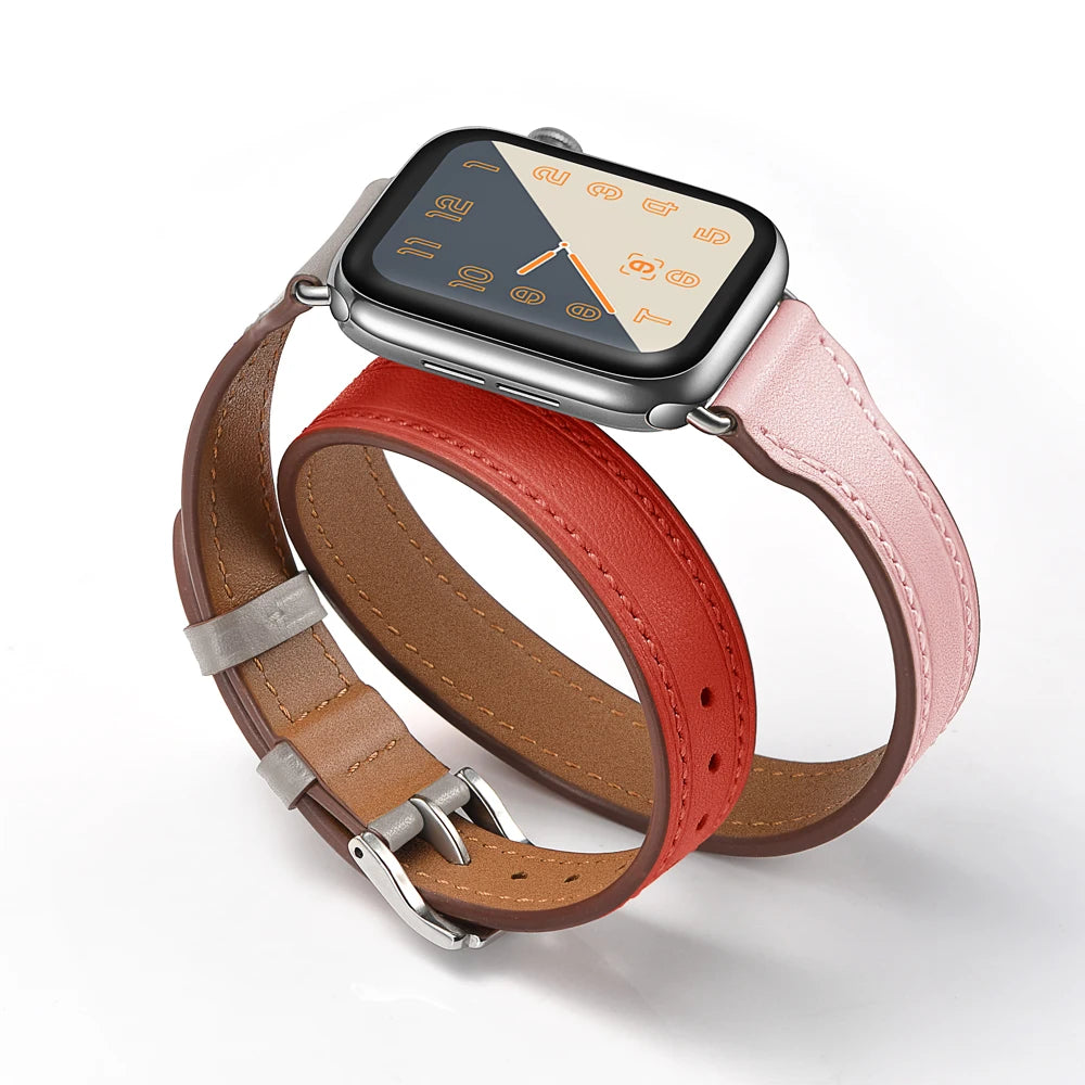 Luxury Bracelet Double Loop Band For Apple Watch Strap 38mm 40mm 42mm 44mm 41mm 45mm Real Leather iWatch Series 8 7 6 5 4 3 SE