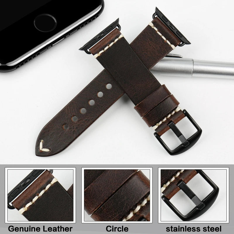 Leather Wathcband for Apple Watch Straps 49mm 44mm 45 mm 40mm 42mm 41mm 38mm Series 8 7 6 5 4 3 Vintage Leather Watch Bands