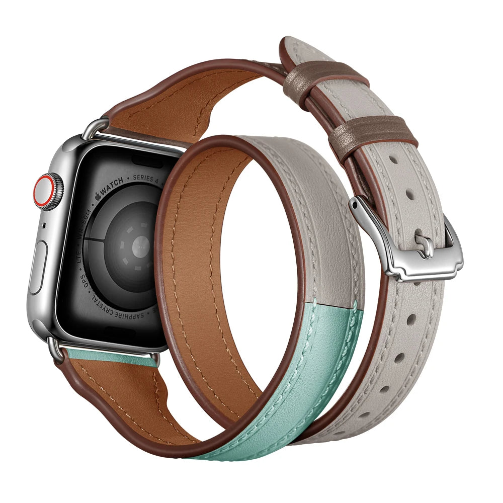 Luxury Bracelet Double Loop Band For Apple Watch Strap 38mm 40mm 42mm 44mm 41mm 45mm Real Leather iWatch Series 8 7 6 5 4 3 SE