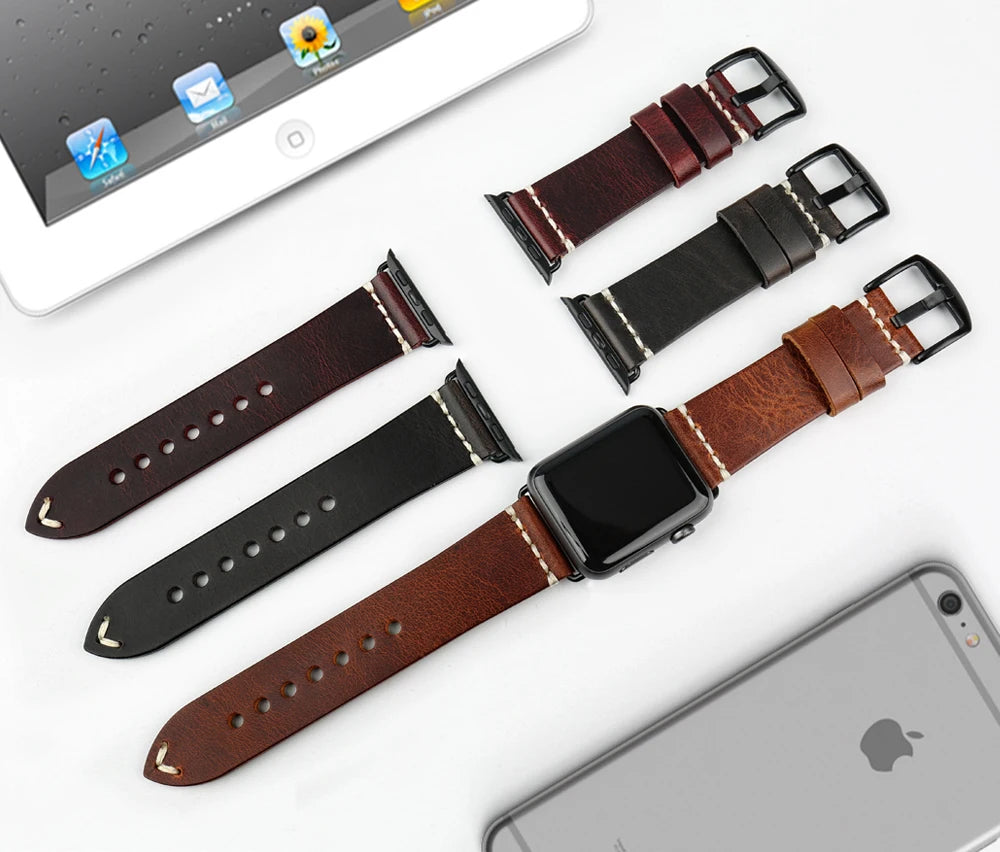 Leather Wathcband for Apple Watch Straps 49mm 44mm 45 mm 40mm 42mm 41mm 38mm Series 8 7 6 5 4 3 Vintage Leather Watch Bands