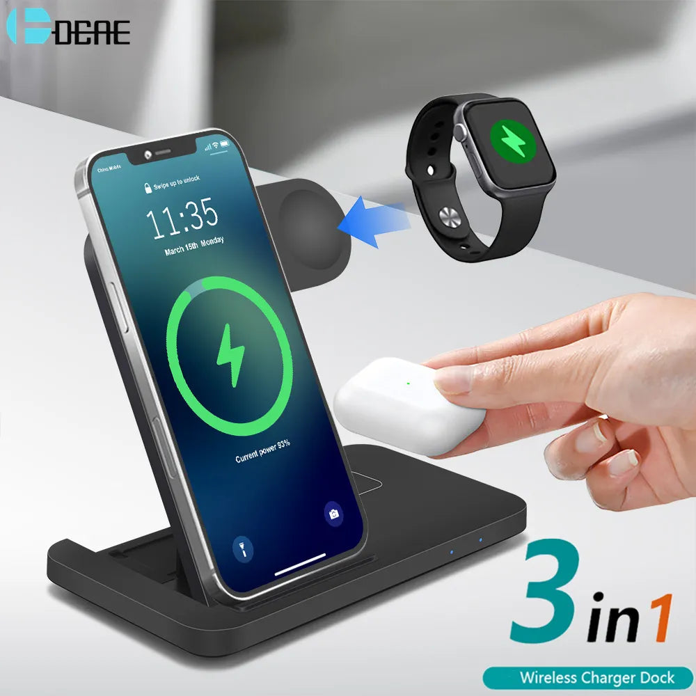 15W Wireless Charger Stand for iPhone 14 13 12 11 XS XR X 8 3 in 1 Fast Charging Dock Station For Apple Watch 7 6 SE AirPods Pro